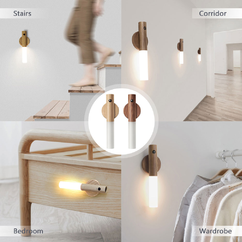 motion sensor night light USB magnetic wooden lamp